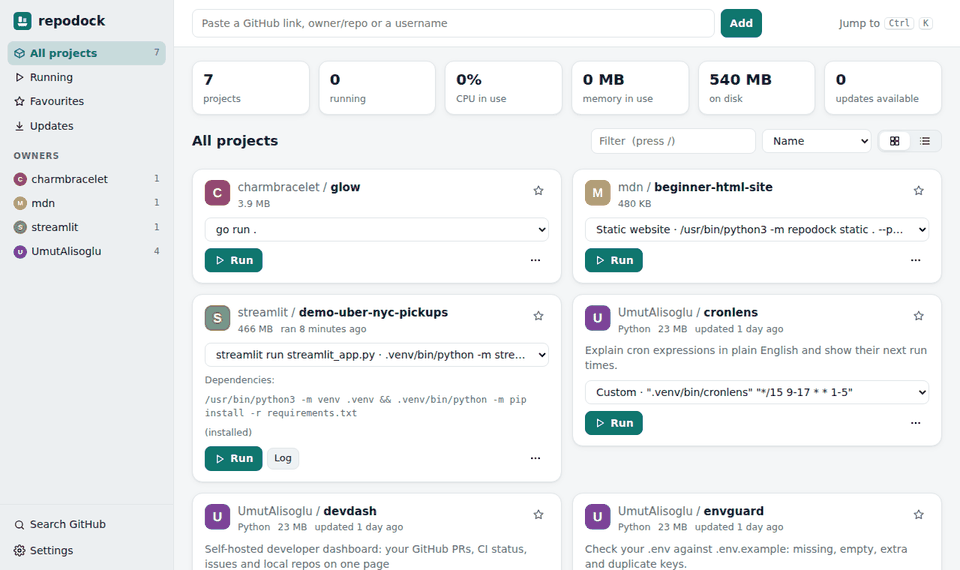 Pasting a GitHub link into repodock: it downloads JS Paint, asks before installing its dependencies, runs it, and the app opens