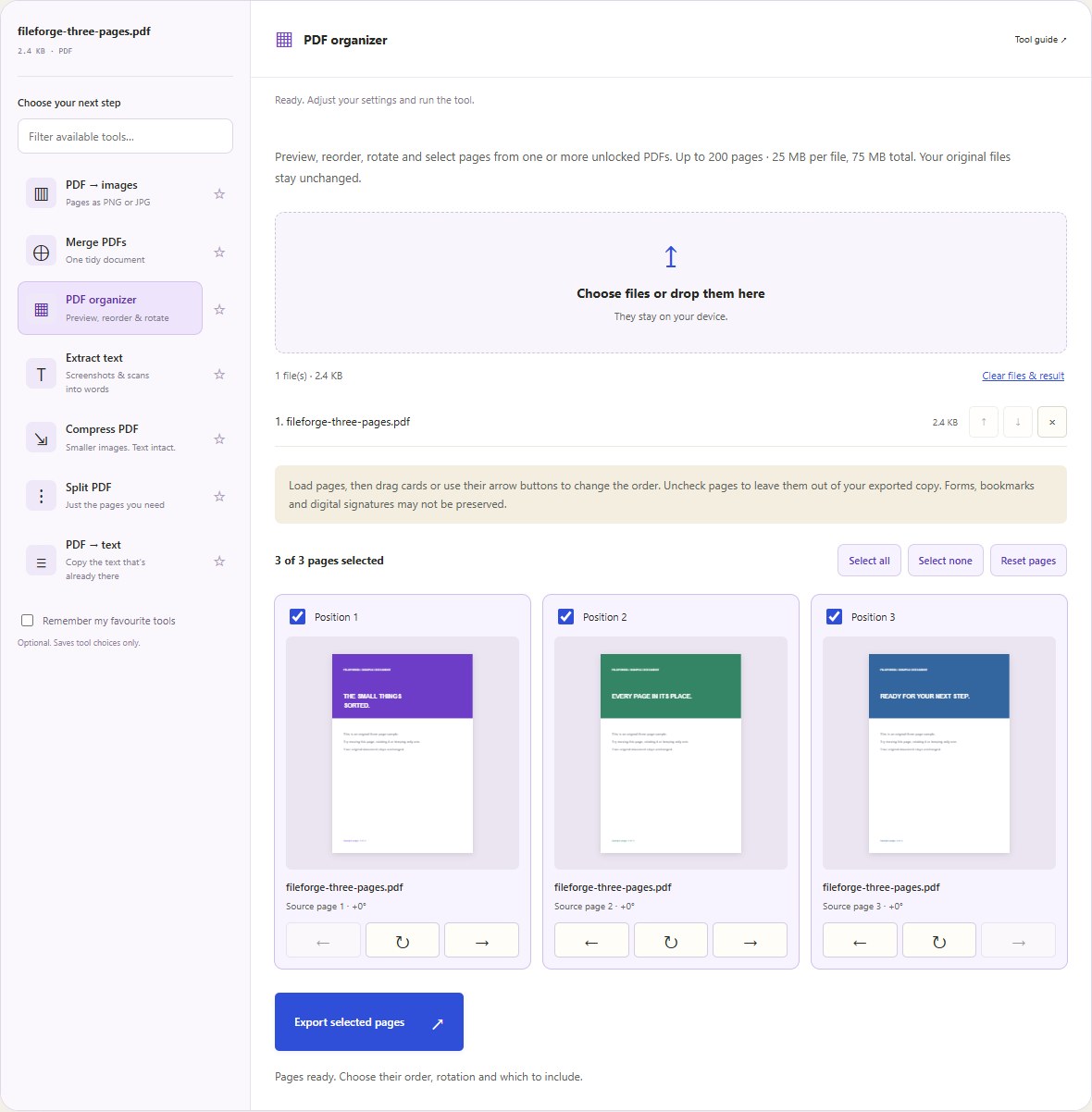 FileForge’s connected workspace with three sample PDF pages ready to reorder