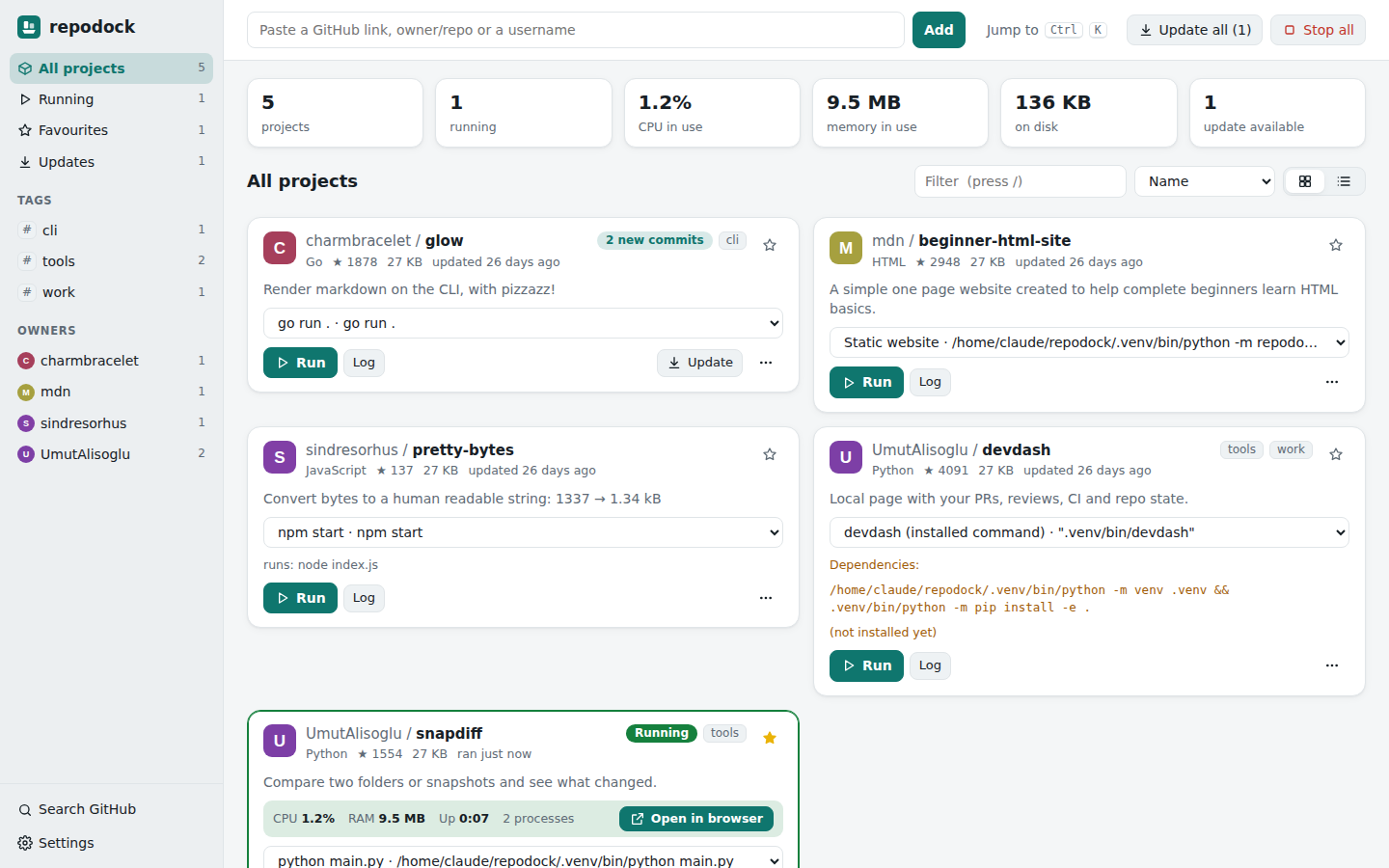 Repodock dashboard with project cards and local run controls